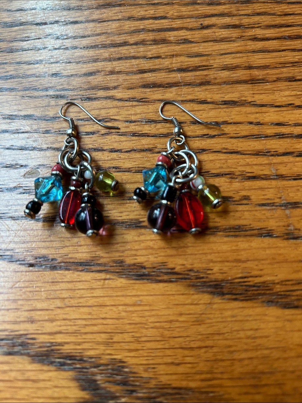 Handmade Multicolor Bead Dangle Earrings - Red, Blue & Green